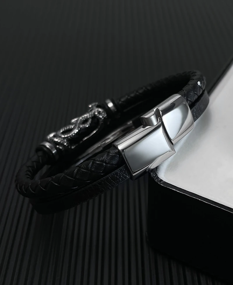 Rhona Sutton Black Skull Snake Leather Stainless Steel Bracelet