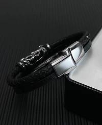 Rhona Sutton Black Skull Snake Leather Stainless Steel Bracelet