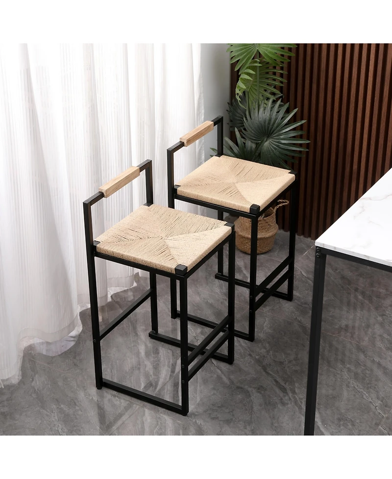 Set of 2 Bar Stools with Back Paper Rope Woven Counter Height Dining Chairs for Kitchen