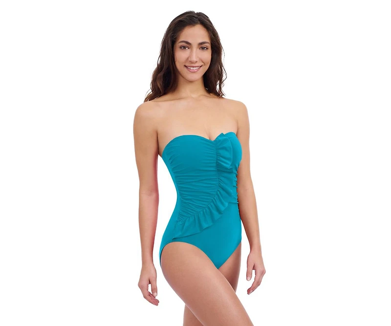 Profile by Gottex Women's Tutti Frutti Ruffle Bandeau One Piece Soft Cups Tummy Control Adjustable Removeable Straps