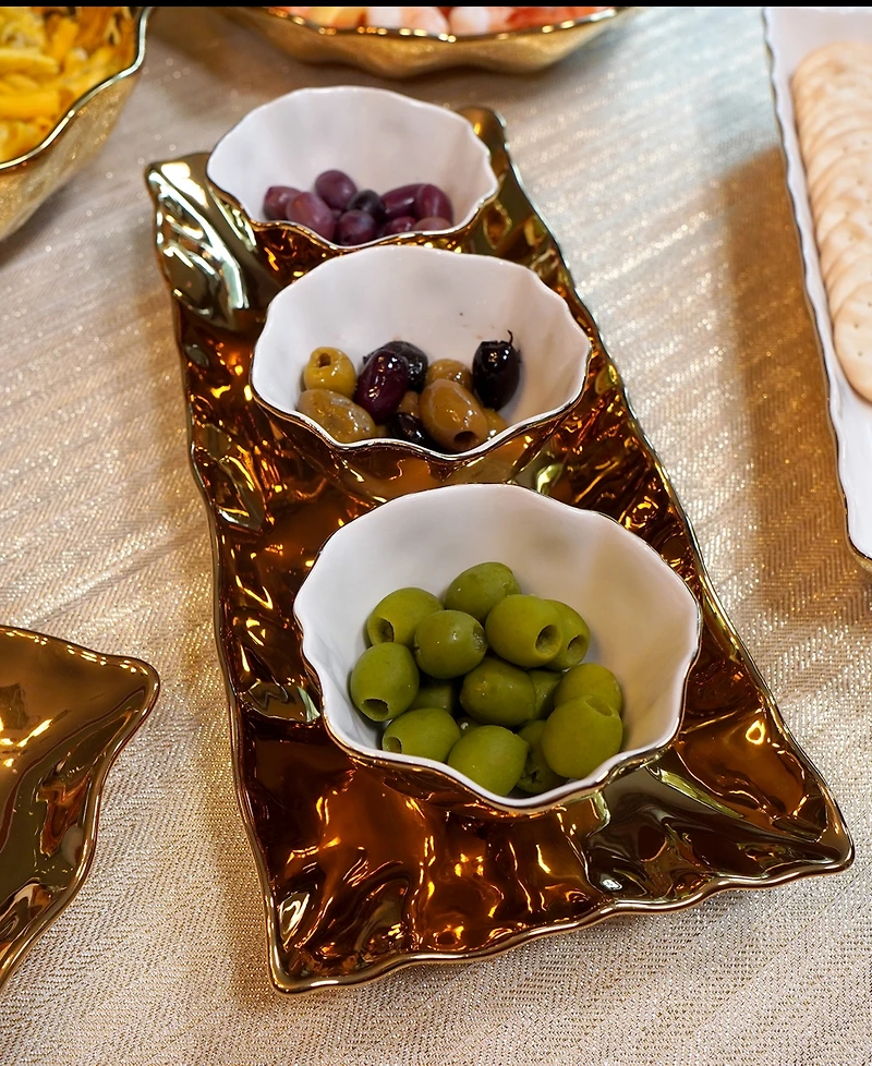 Certified International Gold-Silver Tone Coast 4 Piece Set Tray and Condiment Bowls