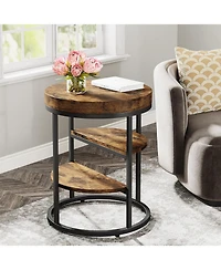 Tribesigns Round End Table with 3 Storage Shelves, Wood Side Table, Industrial Sofa Side Table, Rustic Brown Nightstand and Bedside Table