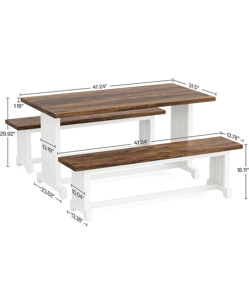 Tribesigns 47" Dining Table Set for 4-6, 3-Piece Kitchen Room Table with 2 Benches, Farmhouse Wood Dinner Table for Small Space, Home Kitchen