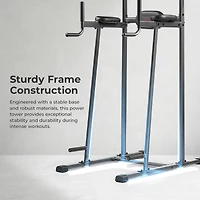 Sunny Health & Fitness Multi-Function Compact Power Tower, 300 LBs Capacity with Captains Chair, Dip Station, Pull Up Bar, Push Up & Core Workout