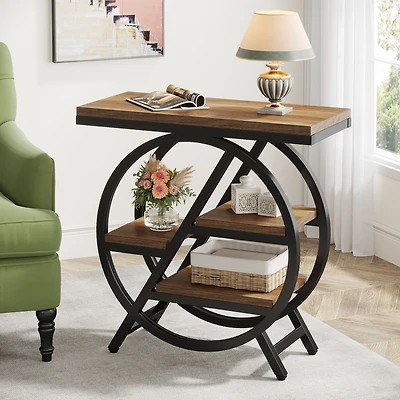 Tribesigns End Table for Living Room, 3-Tier Narrow Side Table with Storage, Wood Sofa Side Table with Geometric Metal Frame, Industrial Nightstand an