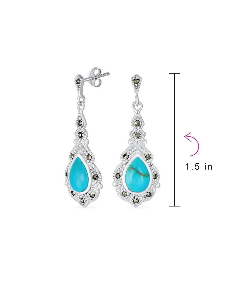 Bling Jewelry Western Style Marcasite Accent Teardrop Stabilized Blue Turquoise Dangle Chandelier Earrings .925 Sterling Silver