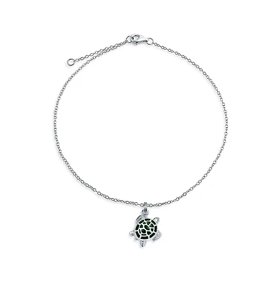 Bling Jewelry Hawaii Tropical Beach Vacation Nautical Dangle Charm Sea Green Enamel Turtle Anklet Link Ankle Bracelet .925 Sterling Silver 9 To 10 Inc