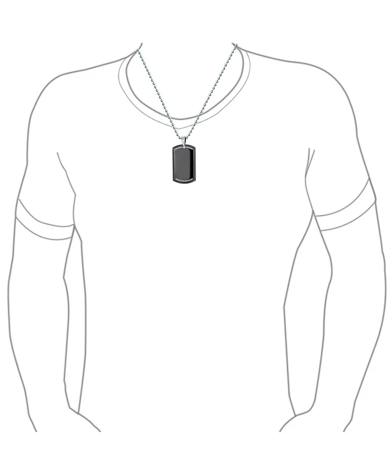 Bling Jewelry Cz Edge Black Dog Tag Pendant Necklace Stainless Steel with Bead Ball Chain 24 In