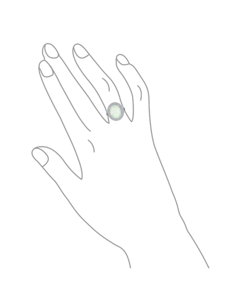 Bling Jewelry White Synthetic Opal Oval Split Shank Pave Cz Accent Double Halo Statement Ring .925 Sterling Silver