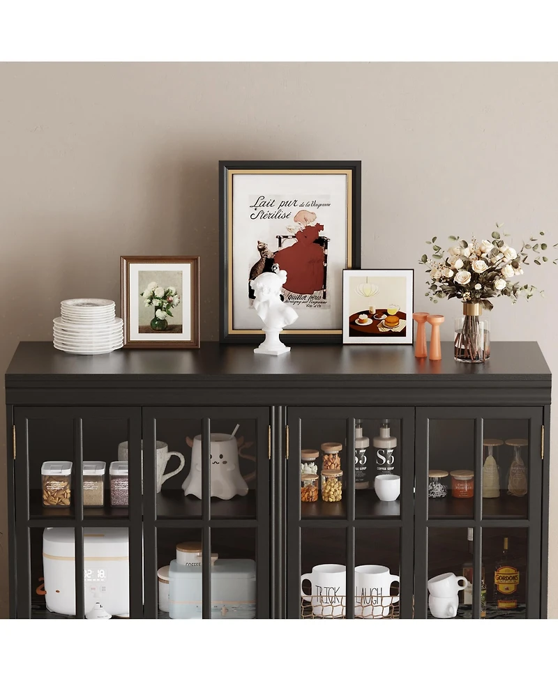 Famapy Black Wood Bookcase Storage Cabinet With Tempered Glass Doors