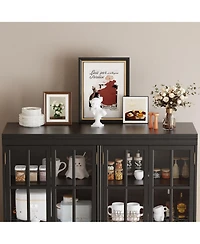 Famapy Black Wood Bookcase Storage Cabinet With Tempered Glass Doors