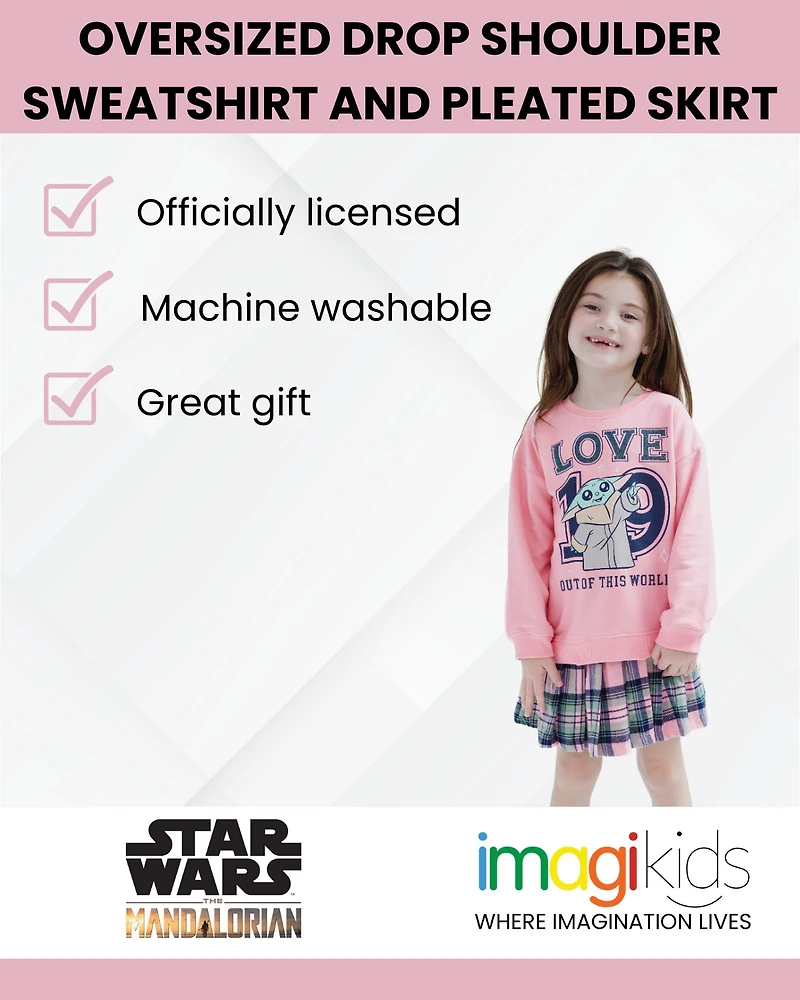 Star Wars Little Girls The Mandalorian Grogu Fleece Oversized Drop Shoulder Sweatshirt and Pleated Skirt