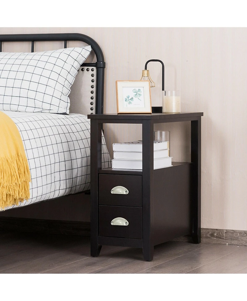 Gymax Set of 2 End Bedside Table Rectangular Nightstand W/ 2 Drawers & Shelf Espresso