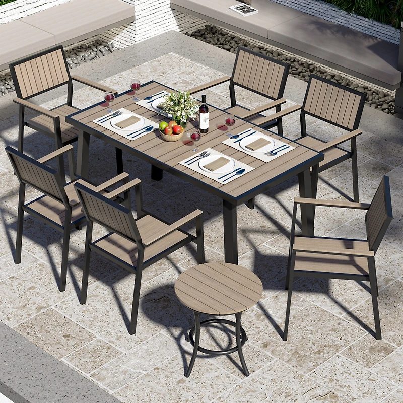 8-Piece Aluminum Gray Outdoor Patio Dining Set with Rectangle Table, Small Side Table and 6-Stackable Chairs