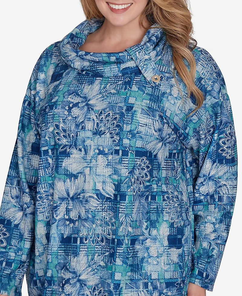 Ruby Rd. Plus Size Cowl Neck Floral Plaid Printed Hatchi Knit Top