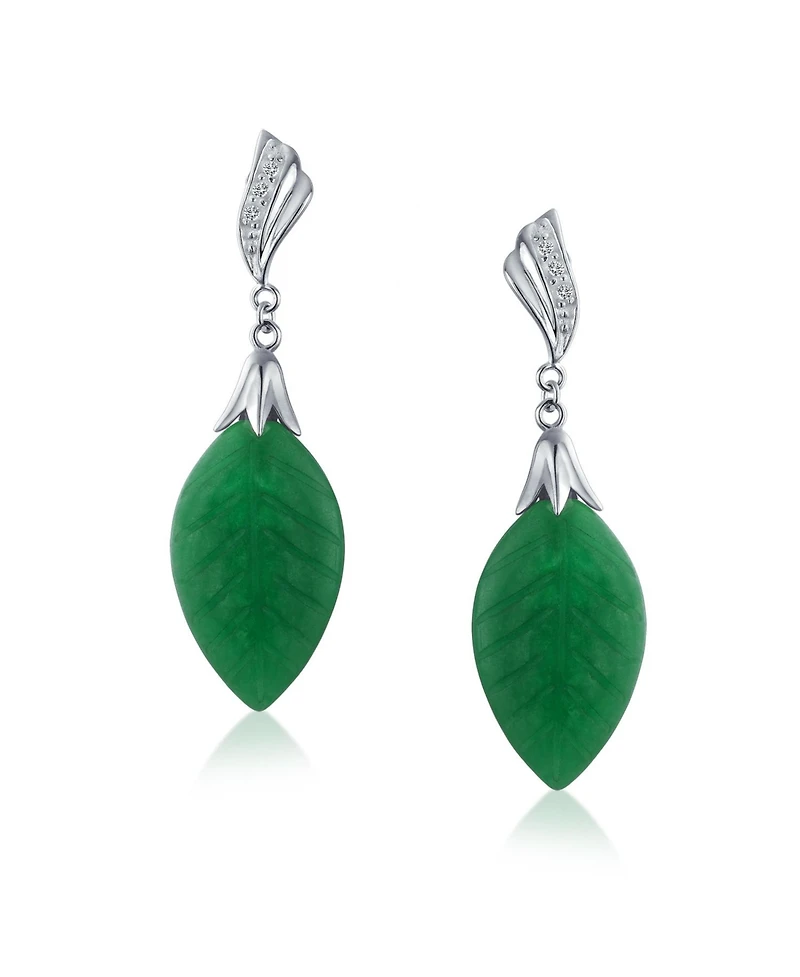 Bling Jewelry Native American Inspired Carved Leaf Green Dangle Drop Earrings Western Jewelry .925 Sterling Silver