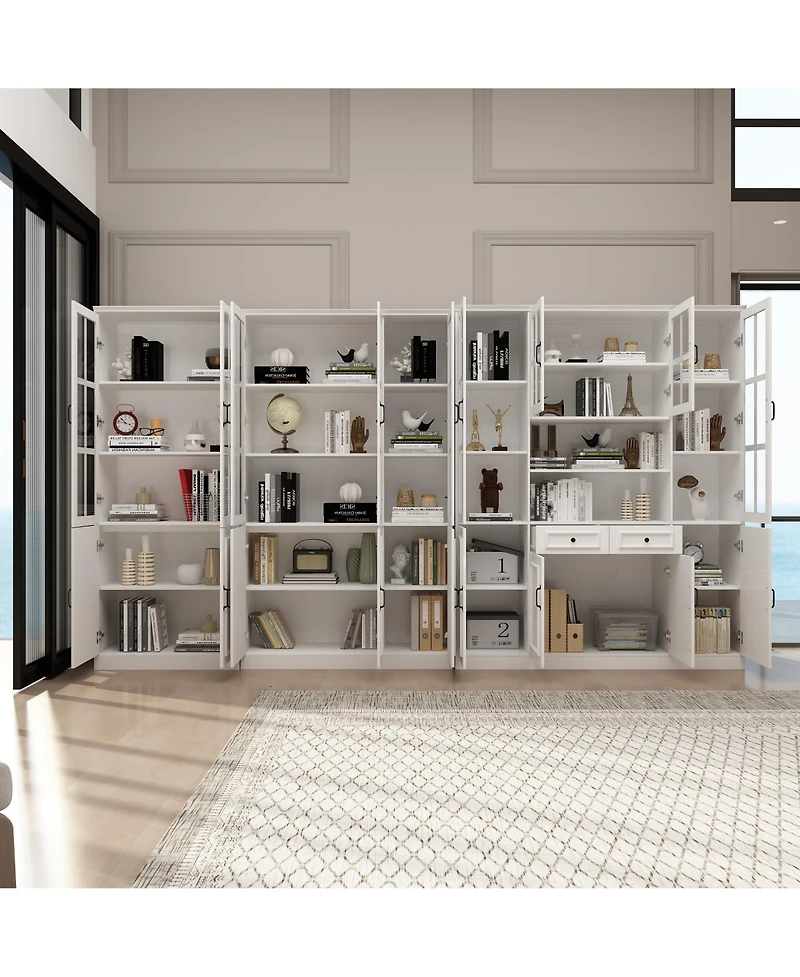 Famapy Luxurious Wall Wide White Bookcase with 30 Shelves & Doors