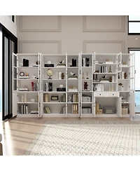 Famapy Luxurious Wall Wide White Bookcase with 30 Shelves & Doors