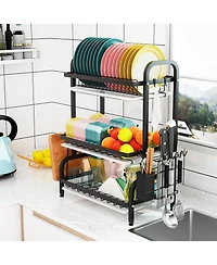 Tribesigns Drying Rack, Metal 3-Tier Large Capacity Dish Rack with Utensil Holder, Cutting Board Holder, Drain Board Tray for Kitchen Counter Storage