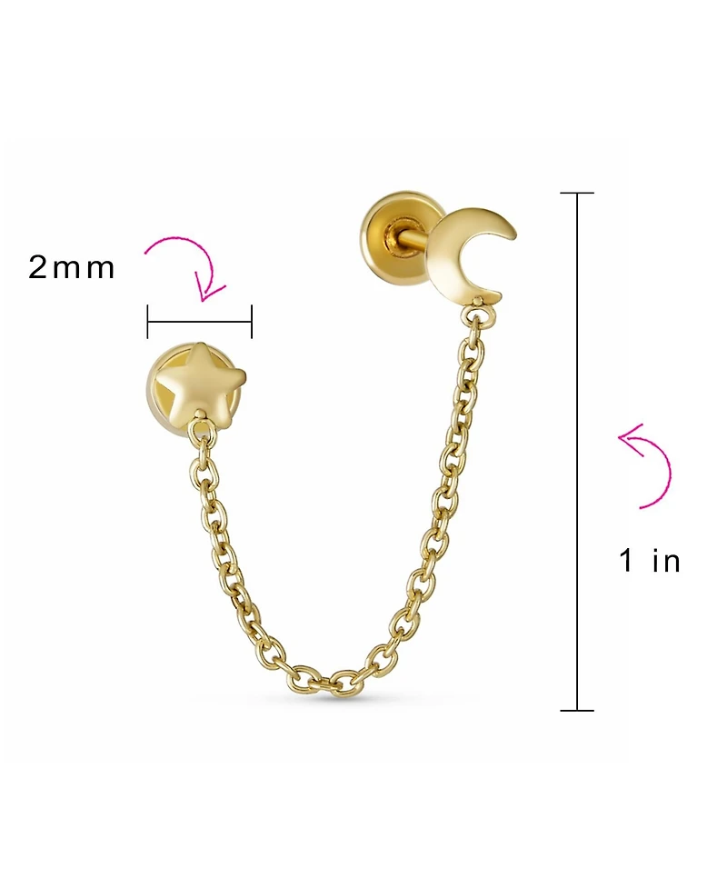 Bling Jewelry Tiny Simple Yellow 10K Gold Double Piercing Chain Celestial Crescent Moon & Star 1pc Stud Two Hole Earring Ear Lobe Cartilage
