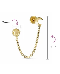Bling Jewelry Tiny Simple Yellow 10K Gold Double Piercing Chain Celestial Crescent Moon & Star 1pc Stud Two Hole Earring Ear Lobe Cartilage