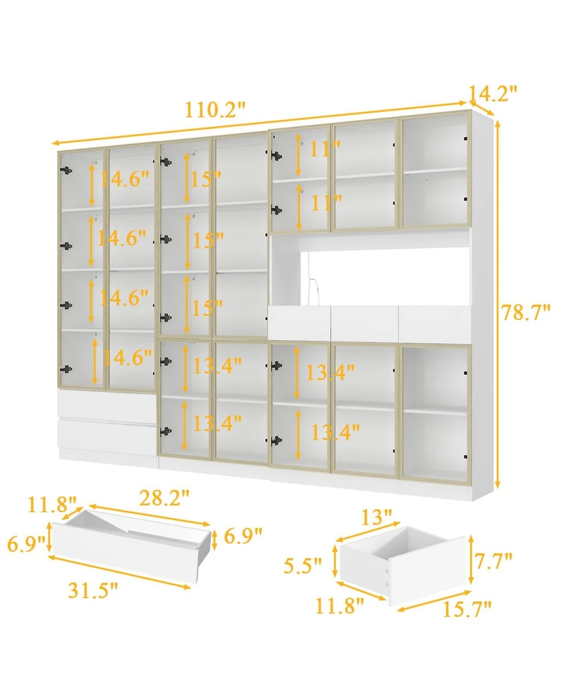 Famapy 30-Shelf White Wood Standard Bookcase With Doors,Led Lights,Drawers