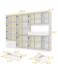 Famapy 30-Shelf White Wood Standard Bookcase With Doors,Led Lights,Drawers