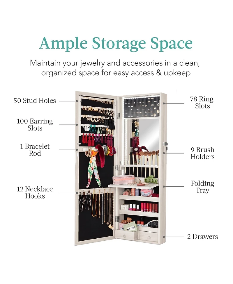 Best Choice Products Hanging Mirror Jewelry Armoire, Door or Wall Mounted Cabinet w/ Led Lights, Lock