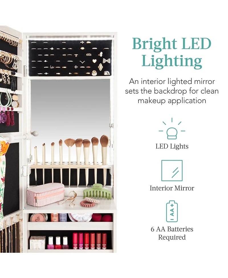 Best Choice Products Hanging Mirror Jewelry Armoire, Door or Wall Mounted Cabinet w/ Led Lights, Lock