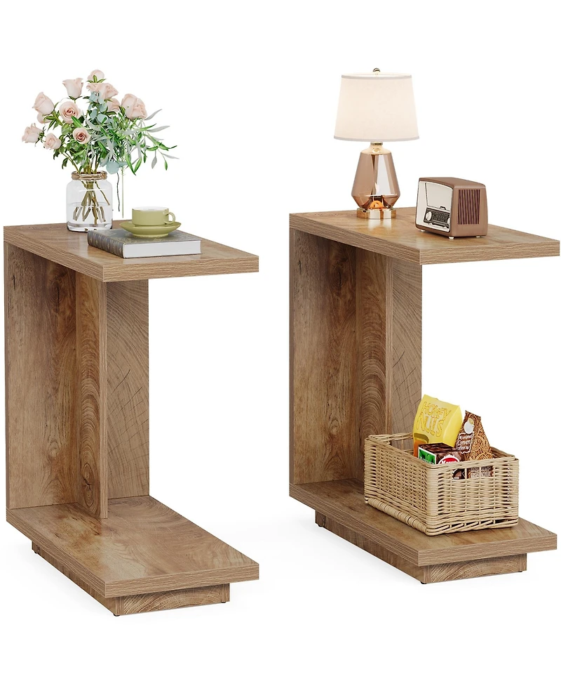 Tribesigns C-Shaped Side Table, 2-Tier Narrow End Table with Sturdy Pedestal, Wood Bedside Table Nightstand, Industrial Sofa End Table, Brown, 2PCS