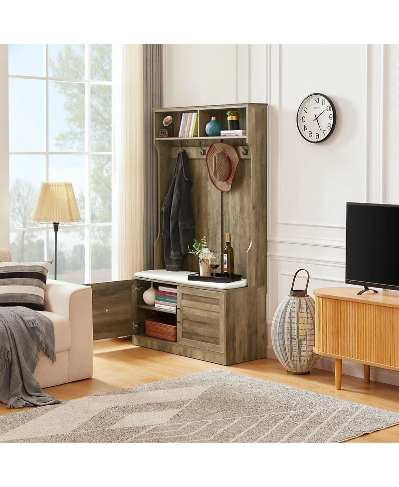 Slickblue Wood Coat Rack & Storage Shoe Cabinet – Includes Clothes Hooks, Sponge Pad, and Multiple Storage Racks for Bedroom or Porch Wardrobe