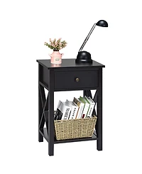 Gymax Set of 2 Nightstand Sofa Side End Table X-Design w/ Shelf Drawer Brown