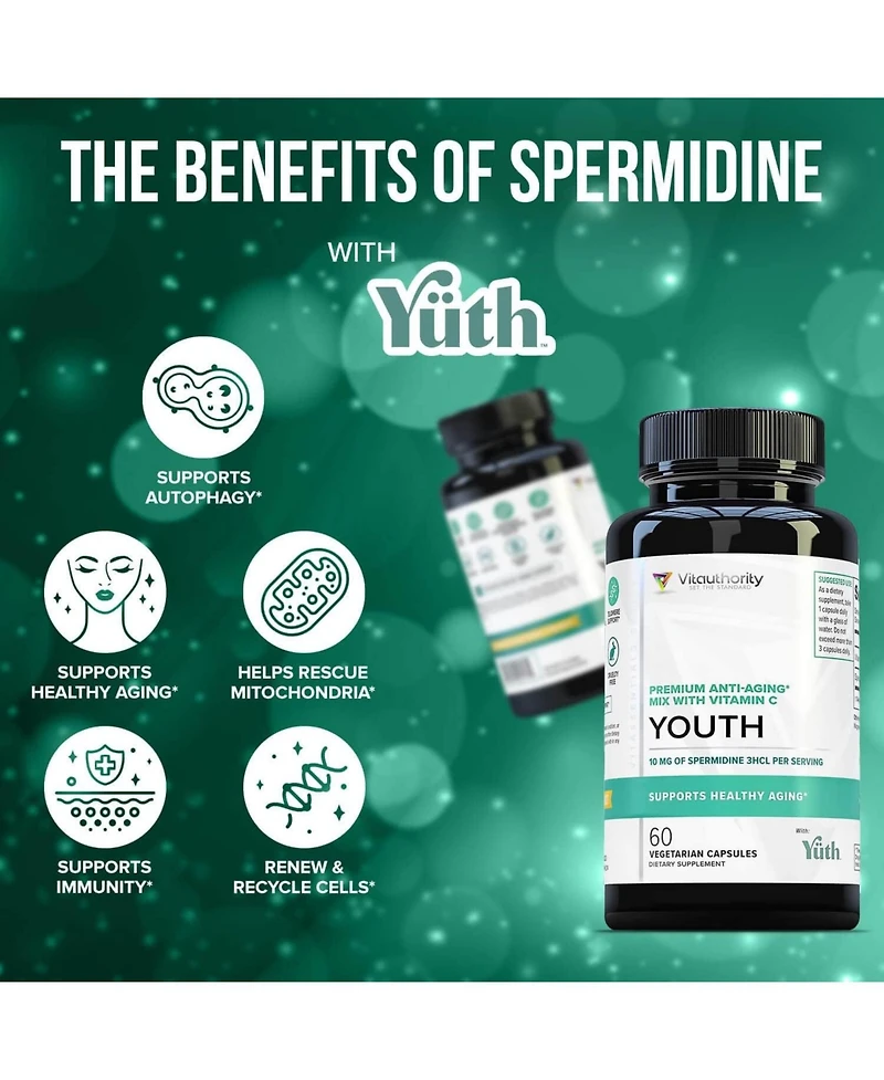 Youth Premium Anti-Aging Mix Capsules, Anti Aging Supplement for Women and Men s Longevity, Brain, Heart, Cell & Skin Support, Vitauthority, 60ct