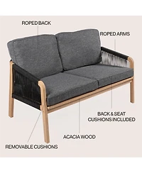 Jonathan Y Arwen Modern Bohemian Roped Acacia Wood Outdoor Loveseat with Cushions