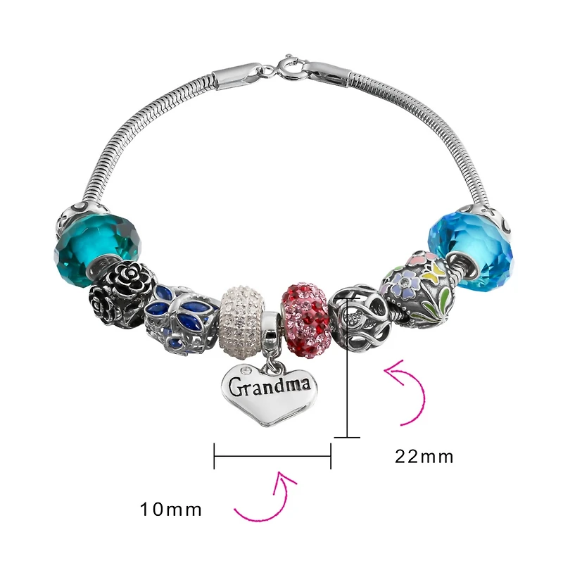 Bling Jewelry Love Grandma Family Themed Starter Beads Multi Charm Bracelet For Grand Mother Women .925 Sterling Silver Snake Chain European Barrel Sn