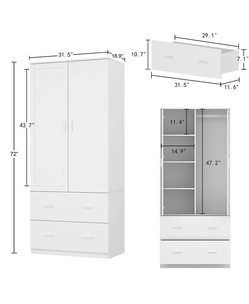 Famapy White 2-Door Armoires with Mirror,2-Drawers and Storage Shelves