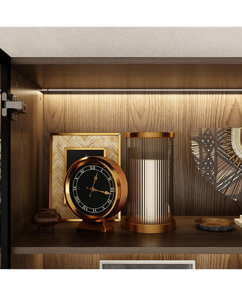 Famapy 10-Shelf Bookshelf With Glass Doors, Led Lights, Drawers