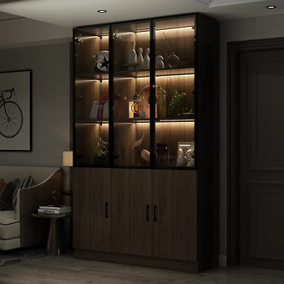 Famapy 10-Shelf Bookshelf With Glass Doors, Led Lights, Drawers