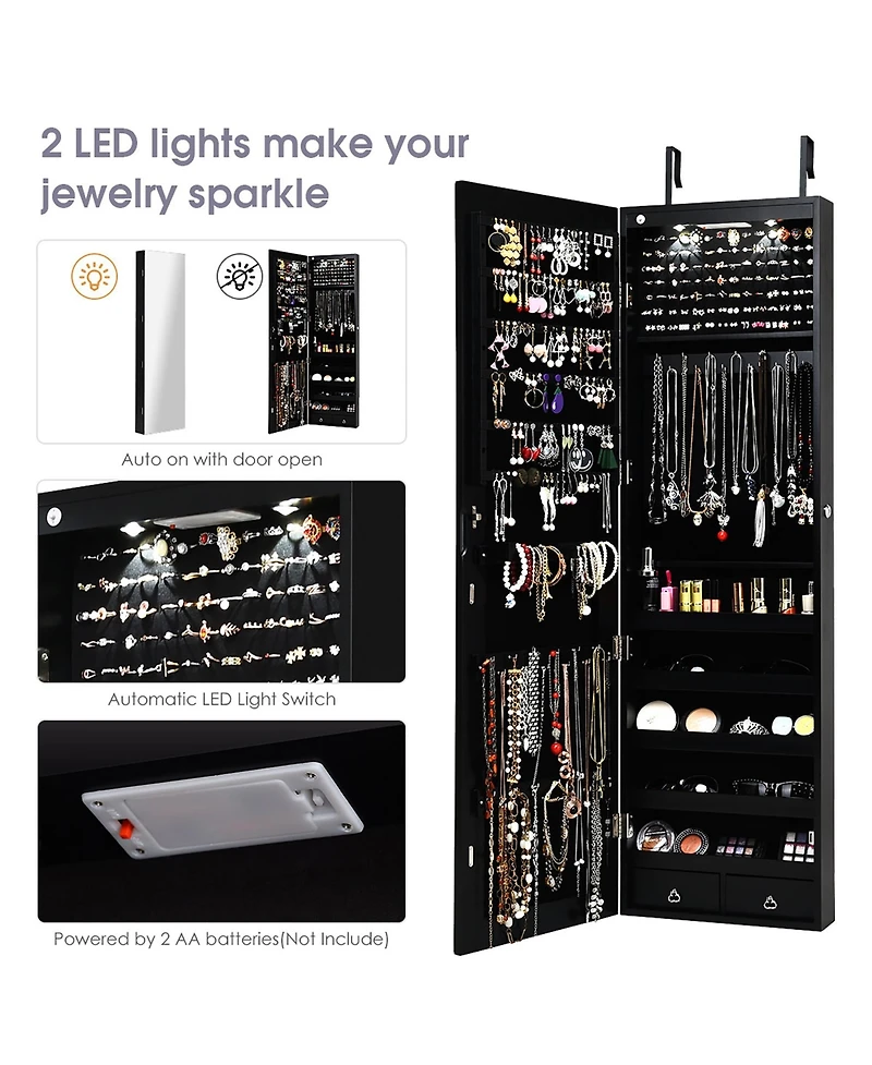 Mirrored Jewelry Cabinet Jewelry Organizer w/2 Led Lights