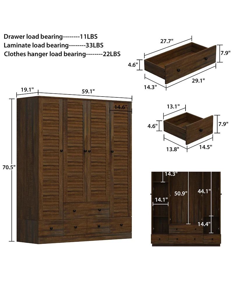 Homsee Brown Wood 4 Shutter Doors Armoires Wardrobe with Drawers, Hanging Rod
