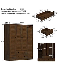 Homsee Brown Wood 4 Shutter Doors Armoires Wardrobe with Drawers, Hanging Rod