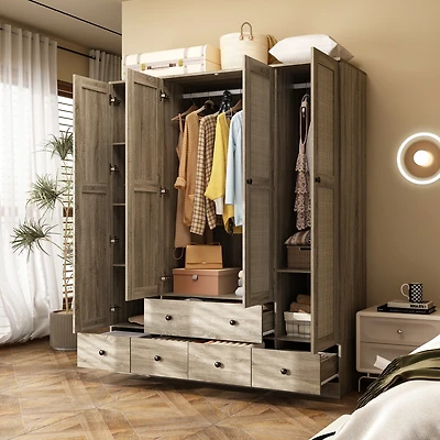 Homsee Brown Wood Grain Rattan Doors Design Armoires Wardrobe with 5-Drawers