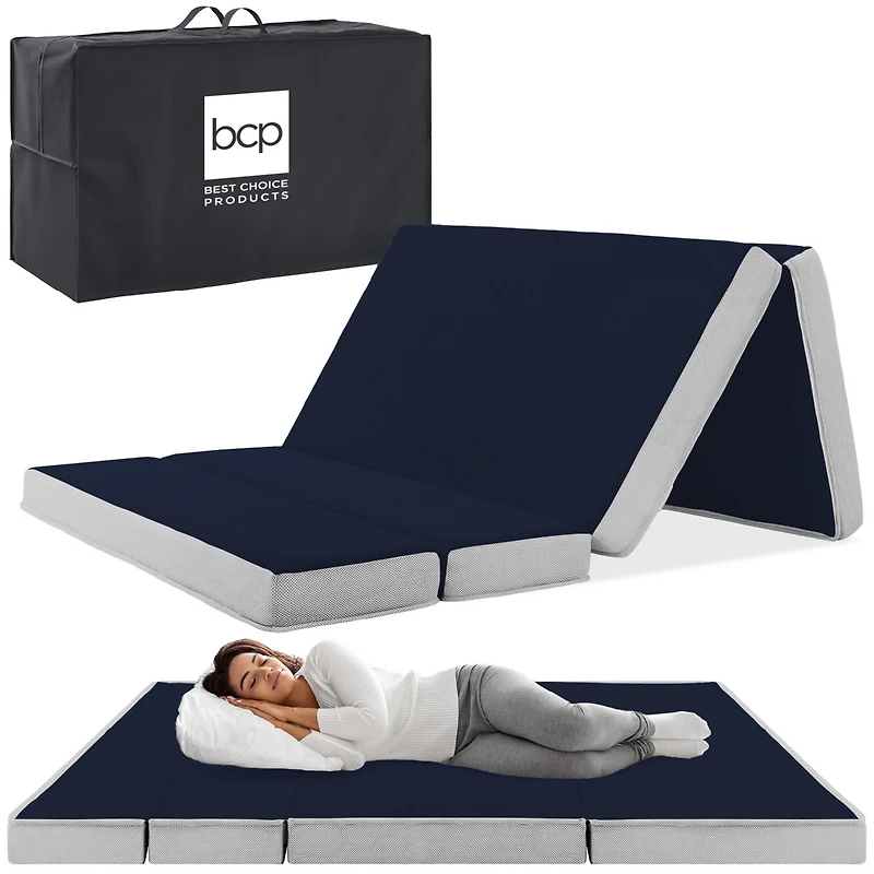 Best Choice Products 4in Thick Folding Portable Midnight Blue Mattress Topper w/ Carry Case