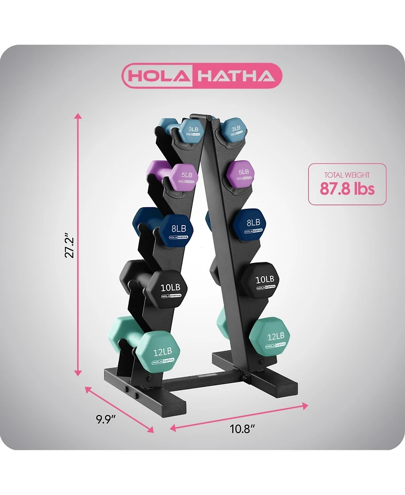 HolaHatha 3, 5, 8, 10 & 12 Pound Neoprene Dumbbell Weight Set with Storage Rack