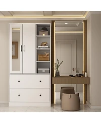 Famapy White Wood Armoires Wardrobe With Mirror, Pulling Hanging Rod, Drawers
