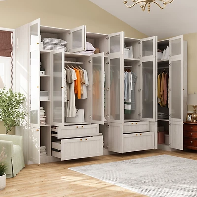 Famapy Tempered Glass Doors Big Armoires Wardrobe with Hanging Rods