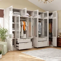 Famapy Tempered Glass Doors Big Armoires Wardrobe with Hanging Rods