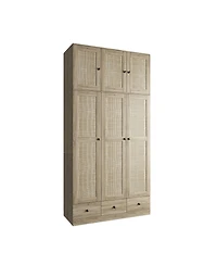 Famapy Brown Rattan Doors Wardrobe with 3-Drawers,Hanging Rod,Top Cabinet