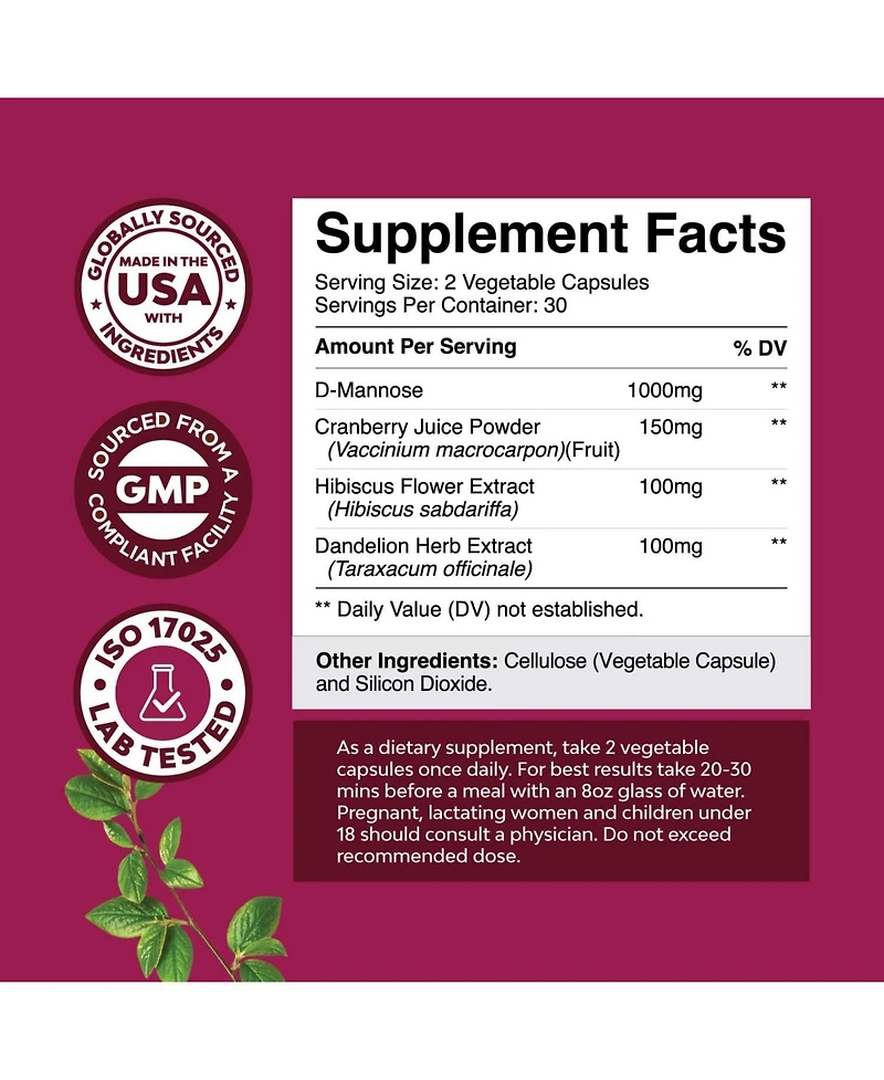 Nature's Craft D Mannose 1000mg with Cranberry Extract Capsules, Kidney Cleanse & Urinary Tract Health for Women, Nature's Craft, 60ct
