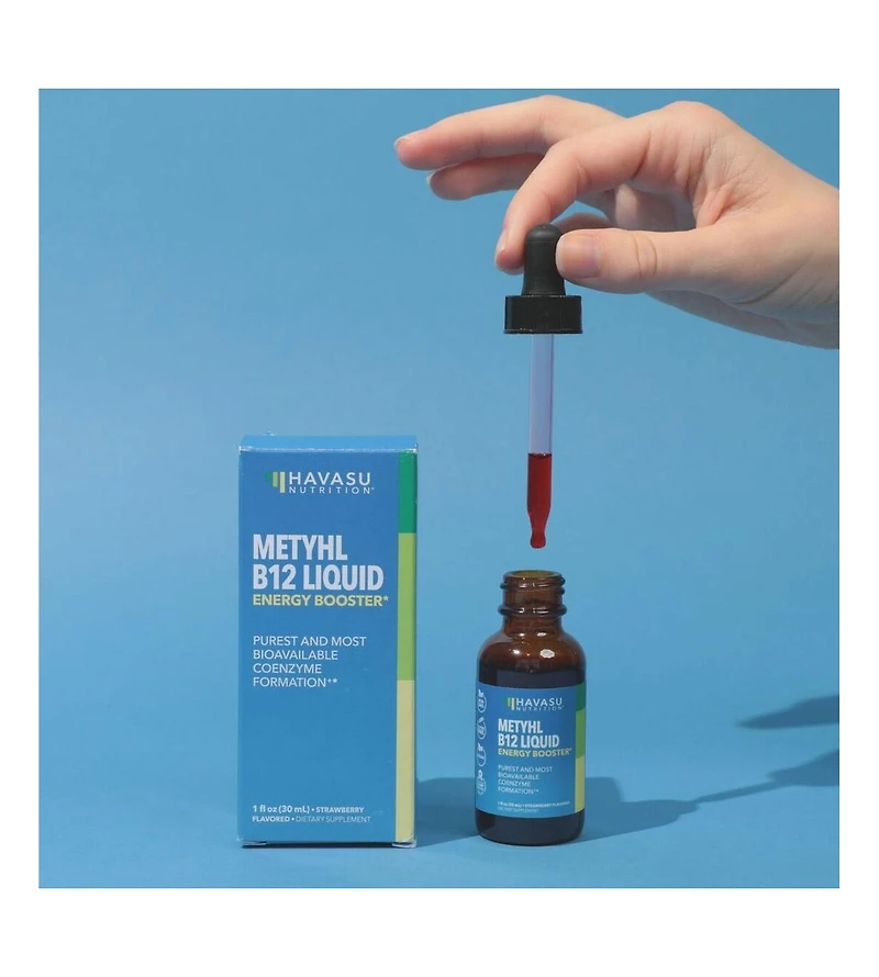 Methyl B12 Energy Booster Liquid Drops, Vitamin Energy Boost, B12 Bioavailable Form for B12 Pathway, Strawberry Flavored, Havasu Nutrition, 1 fl oz